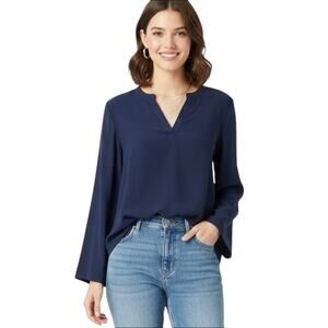 Jude Connally Navy Blue Long Sleeve Split Neck Blouse Top Size Large